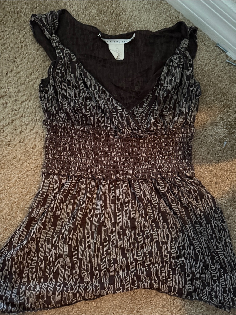 Brown Patterned Smocked Waist Sleeveless Top